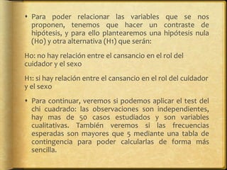  Para poder relacionar las variables que se nos
proponen, tenemos que hacer un contraste de
hipótesis, y para ello plantearemos una hipótesis nula
(H0) y otra alternativa (H1) que serán:
Ho: no hay relación entre el cansancio en el rol del
cuidador y el sexo
H1: si hay relación entre el cansancio en el rol del cuidador
y el sexo
 Para continuar, veremos si podemos aplicar el test del
chi cuadrado: las observaciones son independientes,
hay mas de 50 casos estudiados y son variables
cualitativas. También veremos si las frecuencias
esperadas son mayores que 5 mediante una tabla de
contingencia para poder calcularlas de forma más
sencilla.
 