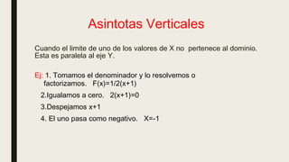 Asintotas Verticales
Cuando el limite de uno de los valores de X no pertenece al dominio.
Esta es paralela al eje Y.
Ej: 1. Tomamos el denominador y lo resolvemos o
factorizamos. F(x)=1/2(x+1)
2.Igualamos a cero. 2(x+1)=0
3.Despejamos x+1
4. El uno pasa como negativo. X=-1
 