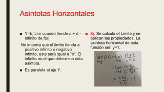 Asintotas Horizontales
■ Y=b; Lim cuando tiende a + ó -
infinito de f(x)
No importa que el limite tienda a
positivo infinito o negativo
infinito, este será igual a "b". El
infinito es el que determina esta
asintota.
■ Es paralela al eje Y.
■ Ej: Se calcula el Limite y se
aplican las propiedades. La
asintota horizontal de esta
función seri y=1.
 