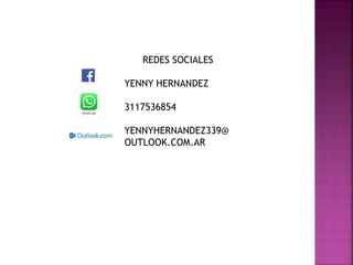 REDES SOCIALES
YENNY HERNANDEZ
3117536854
YENNYHERNANDEZ339@
OUTLOOK.COM.AR
 