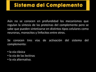 Aún no se conocen en profundidad los mecanismos que
regulan la síntesis de las proteínas del complemento pero se
sabe que pueden sintetizarse en distintos tipos celulares como
neuronas, monocitos y linfocitos entre otros.
Se conocen tres vías de activación del sistema del
complemento:
• la vía clásica
• la vía de las lectinas
• la vía alternativa.
 