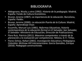 BIBLIOGRAFIA
• Abbagnano, Nicola; y otro (1992). Historia de la pedagogía. Madrid,
España: Fondo de Cultura Económica.
• Bruner, Jerome (1987). La importancia de la educación. Barcelona,
España: Paidós.
• Bruner, Jerome (2000). La educación Puerta de la Cultura. Madrid,
España: Aprendizaje Visor.
• Escamilla, Manuel Luis (1981). Reformas Educativas, historia
contemporánea de la educación formal en El Salvador. San Salvador,
El Salvador: Ministerio de Educación, Dirección de Publicaciones.
• Flora Ruiz, Patricia (2011). Maestros competentes: a través de la
planeación y la evaluación por competencias. México, D. F.: Trillas.
• Flores Ochoa, Rafael (2001). Investigación Educativa y Pedagógica.
Colombia: McGraw-Hill Interamericana. García González, Enrique
(2010). Pedagogía constructivista.
 