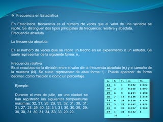  Frecuencia en Estadística
En Estadística, frecuencia es el número de veces que el valor de una variable se
repite. Se distinguen dos tipos principales de frecuencia: relativa y absoluta.
Frecuencia absoluta
La frecuencia absoluta
Es el número de veces que se repite un hecho en un experimento o un estudio. Se
suele representar de la siguiente forma: ni .
Frecuencia relativa
Es el resultado de la división entre el valor de la frecuencia absoluta (ni) y el tamaño de
la muestra (N). Se suele representar de esta forma: fi . Puede aparecer de forma
decimal, como fracción o como un porcentaje.
Ejemplo
Durante el mes de julio, en una ciudad se
han registrado las siguientes temperaturas
máximas: 32, 31, 28, 29, 33, 32, 31, 30, 31,
31, 27, 28, 29, 30, 32, 31, 31, 30, 30, 29, 29,
30, 30, 31, 30, 31, 34, 33, 33, 29, 29.
 