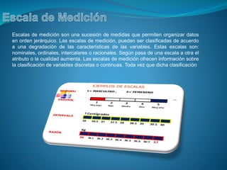 Escalas de medición son una sucesión de medidas que permiten organizar datos
en orden jerárquico. Las escalas de medición, pueden ser clasificadas de acuerdo
a una degradación de las características de las variables. Estas escalas son:
nominales, ordinales, intercalares o racionales. Según pasa de una escala a otra el
atributo o la cualidad aumenta. Las escalas de medición ofrecen información sobre
la clasificación de variables discretas o continuas. Toda vez que dicha clasificación
 