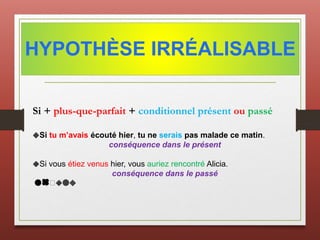HYPOTHÈSE IRRÉALISABLE
Si + plus-que-parfait + conditionnel présent ou passé
🔷Si tu m’avais écouté hier, tu ne serais pas malade ce matin.
conséquence dans le présent
🔷Si vous étiez venus hier, vous auriez rencontré Alicia.
conséquence dans le passé
🔴🍀🖌🔷🔵🔶
 