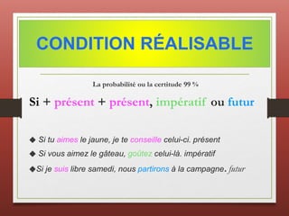 La probabilité ou la certitude 99 %
La probabilité ou la certitude 99 %
Si + présent + présent, impératif ou futur
🔷 Si tu aimes le jaune, je te conseille celui-ci. présent
🔷 Si vous aimez le gâteau, goûtez celui-là. impératif
🔷Si je suis libre samedi, nous partirons à la campagne. futur
CONDITION RÉALISABLE
 
