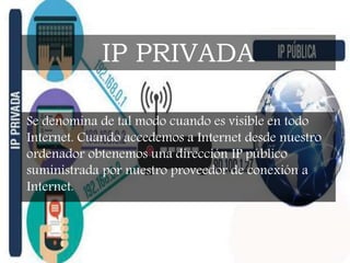 Se denomina de tal modo cuando es visible en todo
Internet. Cuando accedemos a Internet desde nuestro
ordenador obtenemos una dirección IP público
suministrada por nuestro proveedor de conexión a
Internet.
IP PRIVADA
 