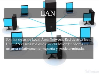 Son las siglas de Local Área Network, Red de área local.
Una LAN es una red que conecta los ordenadores en
un área relativamente pequeña y predeterminada.
LAN
 