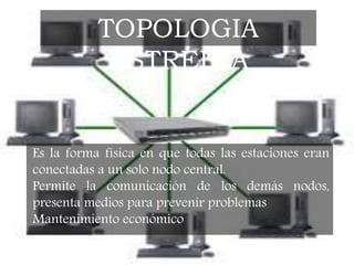 TOPOLOGIA
ESTRELLA
Es la forma física en que todas las estaciones eran
conectadas a un solo nodo central.
Permite la comunicación de los demás nodos,
presenta medios para prevenir problemas
Mantenimiento económico
 