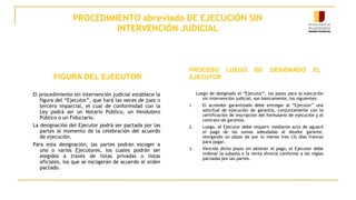 PROCEDIMIENTO abreviado DE EJECUCIÓN SIN
INTERVENCIÓN JUDICIAL
FIGURA DEL EJECUTOR
El procedimiento sin intervención judicial establece la
figura del “Ejecutor”, que hará las veces de juez o
tercero imparcial, el cual de conformidad con la
Ley podrá ser un Notario Público, un Vendutero
Público o un Fiduciario.
La designación del Ejecutor podrá ser pactada por las
partes al momento de la celebración del acuerdo
de ejecución.
Para esta designación, las partes podrán escoger a
uno o varios Ejecutores, los cuales podrán ser
elegidos a través de listas privadas o listas
oficiales, los que se escogerán de acuerdo al orden
pactado.
PROCESO LUEGO DE DESIGNADO EL
EJECUTOR
Luego de designado el “Ejecutor”, los pasos para la ejecución
sin intervención judicial, son básicamente, los siguientes:
1. El acreedor garantizado debe entregar al “Ejecutor” una
solicitud de ejecución de garantía, conjuntamente con la
certificación de inscripción del formulario de ejecución y el
contrato de garantía.
2. Luego, el Ejecutor debe requerir mediante acto de aguacil
el pago de las sumas adeudadas al deudor garante,
otorgando un plazo de por lo menos tres (3) días francos
para pagar.
3. Vencido dicho plazo sin obtener el pago, el Ejecutor debe
ordenar la subasta o la venta directa conforme a las reglas
pactadas por las partes.
 