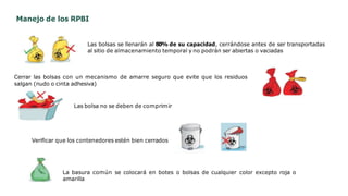 Las bolsas se llenarán al 80% de su capacidad, cerrándose antes de ser transportadas
al sitio de almacenamiento temporal y no podrán ser abiertas o vaciadas
Cerrar las bolsas con un mecanismo de amarre seguro que evite que los residuos
salgan (nudo o cinta adhesiva)
Las bolsa no se deben de comprimir
Verificar que los contenedores estén bien cerrados
La basura común se colocará en botes o bolsas de cualquier color excepto roja o
amarilla
Manejo de los RPBI
 