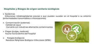 Hospitales y Riesgos de origen sanitario-ecológicos
 Epidemias
Infecciones intrahospitalarias previas o que puedan suceder en el hospital o su entorno
(enfermedades transmisibles e intoxicaciones)
 Contaminación (sistemas)
Calidad de agua
Cercanía con industrias altamente contaminantes
 Plagas (pulgas, roedores)
Fauna nociva dentro del hospital
 Riesgos biológicos
Residuos Peligrosos Biológico-Infecciosos (RPBI)
 