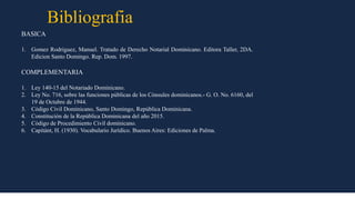 Bibliografia
BASICA
1. Gomez Rodriguez, Manuel. Tratado de Derecho Notarial Dominicano. Editora Taller, 2DA.
Edicion Santo Domingo. Rep. Dom. 1997.
COMPLEMENTARIA
1. Ley 140-15 del Notariado Dominicano.
2. Ley No. 716, sobre las funciones públicas de los Cónsules dominicanos.- G. O. No. 6160, del
19 de Octubre de 1944.
3. Código Civil Dominicano, Santo Domingo, República Dominicana.
4. Constitución de la República Dominicana del año 2015.
5. Código de Procedimiento Civil dominicano.
6. Capitánt, H. (1930). Vocabulario Jurídico. Buenos Aires: Ediciones de Palma.
 