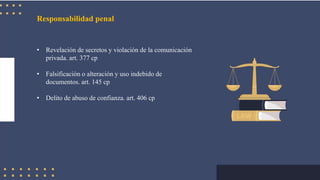 Responsabilidad penal
• Revelación de secretos y violación de la comunicación
privada. art. 377 cp
• Falsificación o alteración y uso indebido de
documentos. art. 145 cp
• Delito de abuso de confianza. art. 406 cp
 