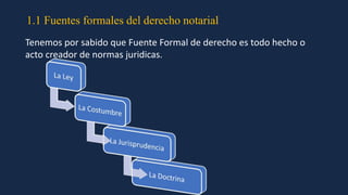 1.1 Fuentes formales del derecho notarial
Tenemos por sabido que Fuente Formal de derecho es todo hecho o
acto creador de normas juridicas.
 