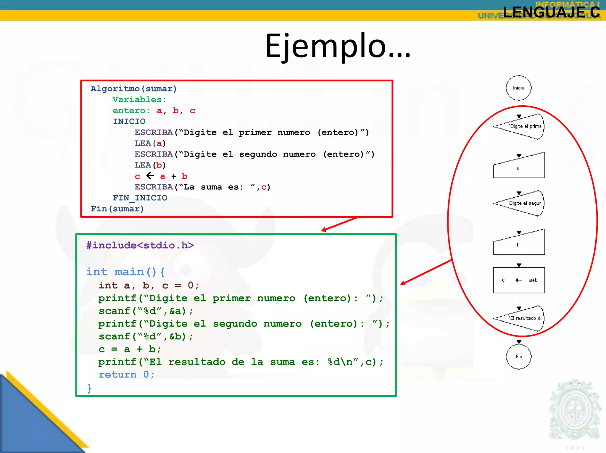LENGUAJE C

                               Ejemplo…
Algoritmo(sumar)
    Variables:
    entero: a, b, c
    INICIO
        ESCRIBA(“Digite el primer numero (entero)”)
        LEA(a)
        ESCRIBA(“Digite el segundo numero (entero)”)
        LEA(b)
        c  a + b
        ESCRIBA(“La suma es: ”,c)
    FIN_INICIO
Fin(sumar)



#include<stdio.h>

int main(){
    int a, b, c = 0;
    printf(“Digite el primer numero (entero): ”);
    scanf(“%d”,&a);
    printf(“Digite el segundo numero (entero): ”);
    scanf(“%d”,&b);
    c = a + b;
    printf(“El resultado de la suma es: %dn”,c);
    return 0;
}
 