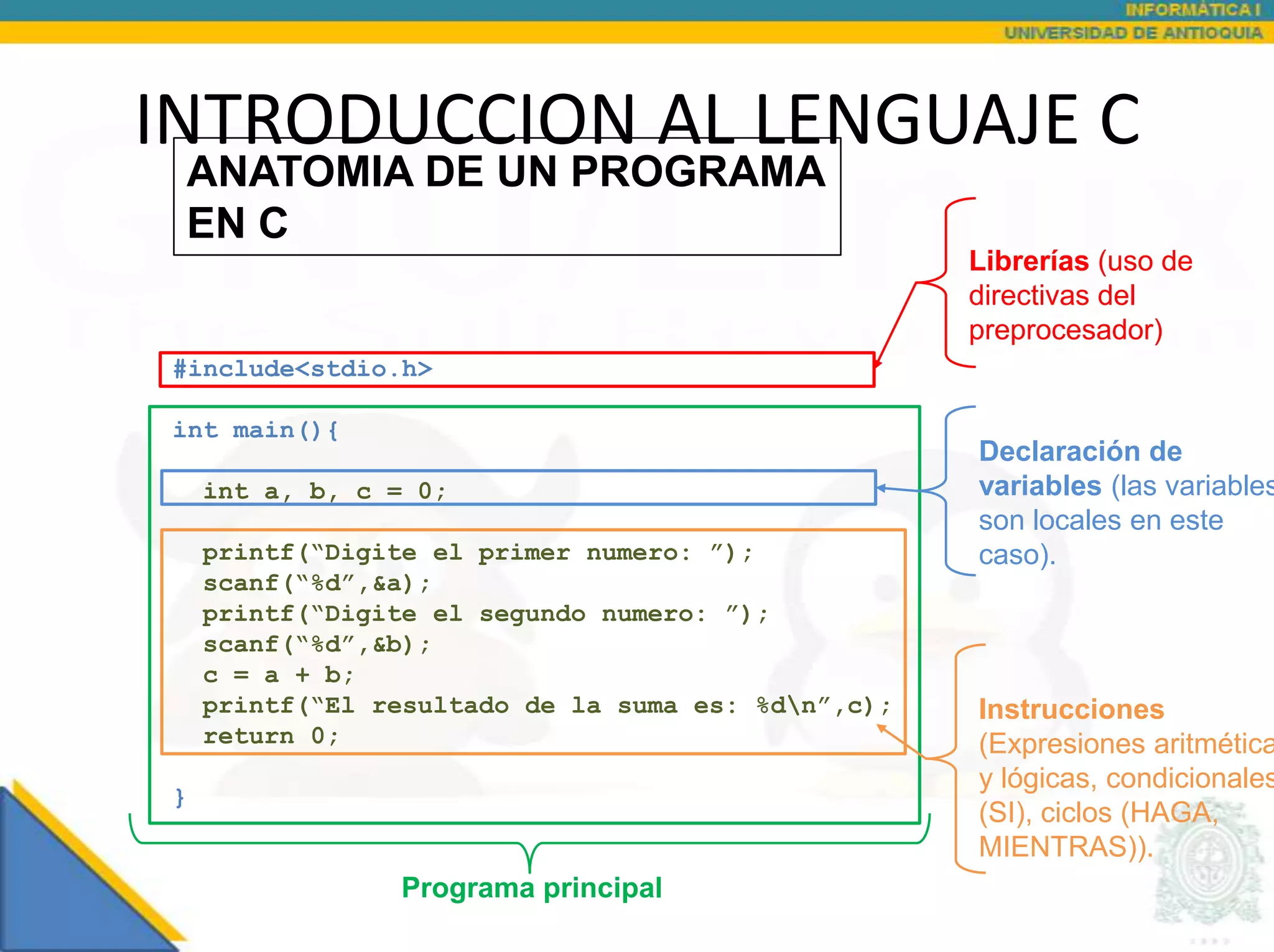 INTRODUCCION AL LENGUAJE C
 ANATOMIA DE UN PROGRAMA
 EN C
                                                    Librerías (uso de
                                                    directivas del
                                                    preprocesador)
#include<stdio.h>

int main(){
                                                    Declaración de
    int a, b, c = 0;                                variables (las variables
                                                    son locales en este
    printf(“Digite el primer numero: ”);            caso).
    scanf(“%d”,&a);
    printf(“Digite el segundo numero: ”);
    scanf(“%d”,&b);
    c = a + b;
    printf(“El resultado de la suma es: %dn”,c);   Instrucciones
    return 0;                                       (Expresiones aritmética
                                                    y lógicas, condicionales
}
                                                    (SI), ciclos (HAGA,
                                                    MIENTRAS)).
                Programa principal
 