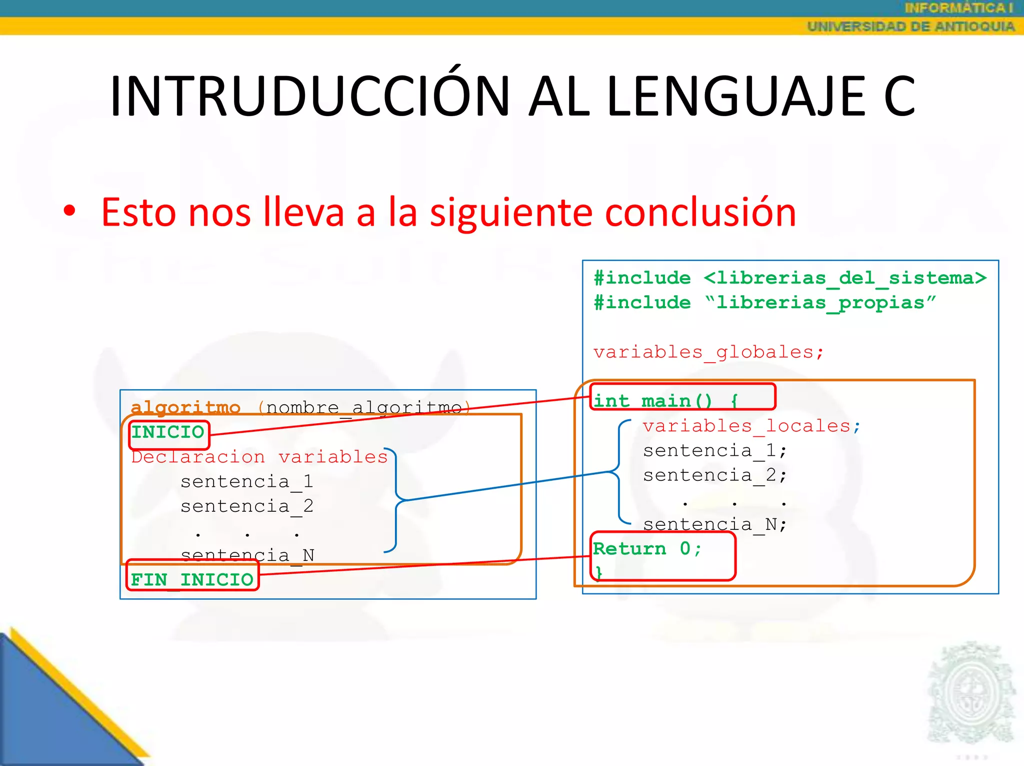 INTRUDUCCIÓN AL LENGUAJE C
• Esto nos lleva a la siguiente conclusión
                                  #include <librerias_del_sistema>
                                  #include “librerias_propias”

                                  variables_globales;

   algoritmo (nombre_algoritmo)   int main() {
   INICIO                             variables_locales;
   Declaracion variables              sentencia_1;
       sentencia_1                    sentencia_2;
       sentencia_2                       .   .   .
        .   .   .                     sentencia_N;
       sentencia_N                Return 0;
   FIN_INICIO                     }
 
