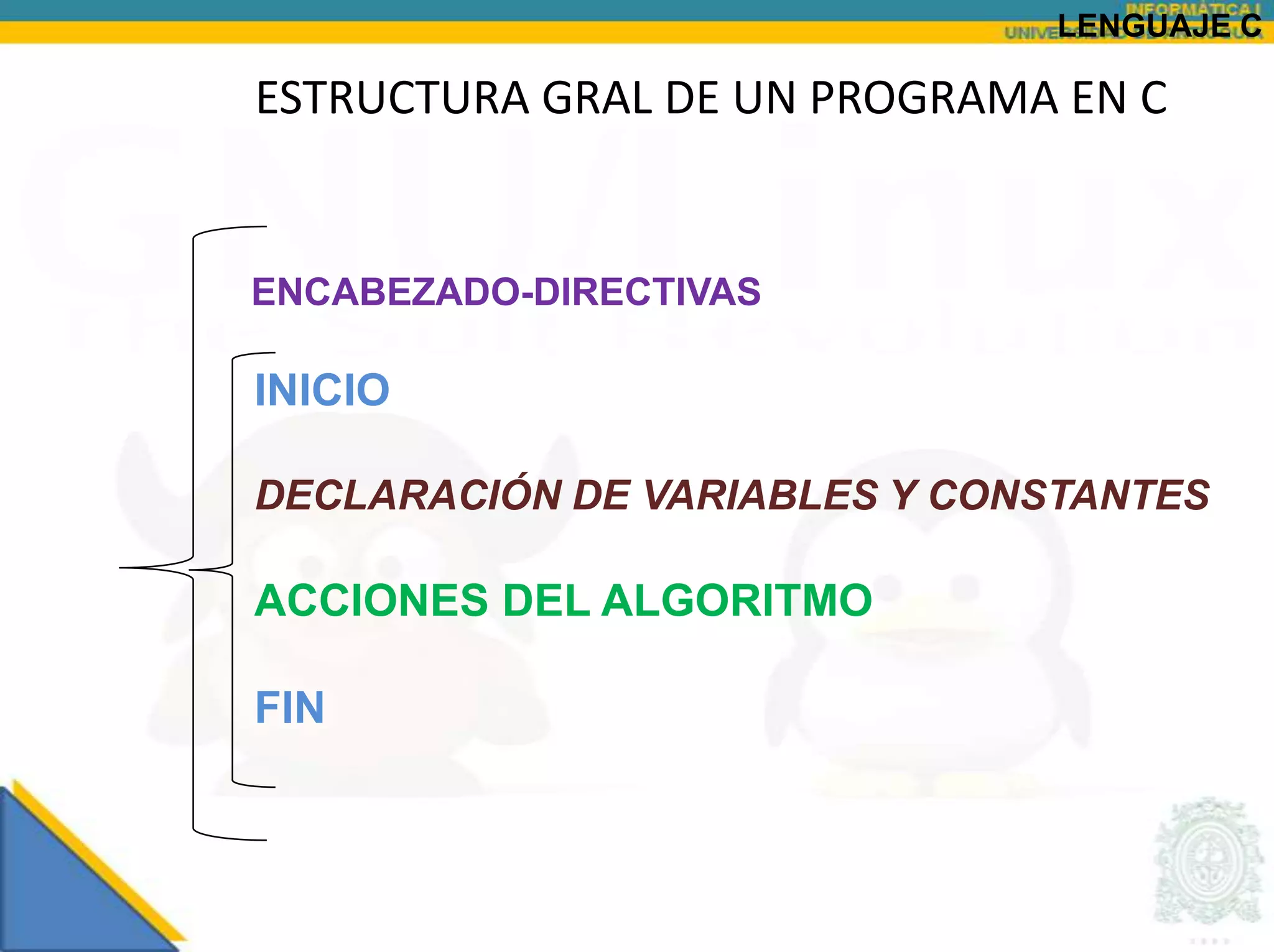 LENGUAJE C

ESTRUCTURA GRAL DE UN PROGRAMA EN C


ENCABEZADO-DIRECTIVAS

INICIO

DECLARACIÓN DE VARIABLES Y CONSTANTES

ACCIONES DEL ALGORITMO

FIN
 
