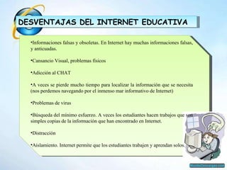 DESVENTAJAS DEL INTERNET EDUCATIVA Informaciones falsas y obsoletas. En Internet hay muchas informaciones falsas, y anticuadas. Cansancio Visual, problemas físicos Adicción al CHAT  A veces se pierde mucho tiempo para localizar la información que se necesita (nos perdemos navegando por el inmenso mar informativo de Internet) Problemas de virus Búsqueda del mínimo esfuerzo. A veces los estudiantes hacen trabajos que son simples copias de la información que han encontrado en Internet. Distracción  Aislamiento. Internet permite que los estudiantes trabajen y aprendan solos. 