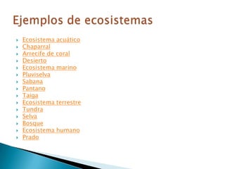 Ecosistema acuáticoChaparralArrecife de coralDesiertoEcosistema marinoPluviselvaSabanaPantanoTaigaEcosistema terrestreTundraSelvaBosqueEcosistema humanoPradoEjemplos de ecosistemas