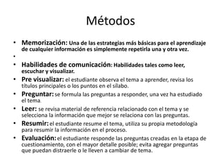 Métodos
• Memorización: Una de las estrategias más básicas para el aprendizaje
de cualquier información es simplemente repetirla una y otra vez.

•

• Habilidades de comunicación: Habilidades tales como leer,
•
•
•

•
•

escuchar y visualizar.
Pre visualizar: el estudiante observa el tema a aprender, revisa los
títulos principales o los puntos en el sílabo.
Preguntar: se formula las preguntas a responder, una vez ha estudiado
el tema.
Leer: se revisa material de referencia relacionado con el tema y se
selecciona la información que mejor se relaciona con las preguntas.
Resumir: el estudiante resume el tema, utiliza su propia metodología
para resumir la información en el proceso.
Evaluación: el estudiante responde las preguntas creadas en la etapa de
cuestionamiento, con el mayor detalle posible; evita agregar preguntas
que puedan distraerle o le lleven a cambiar de tema.

 