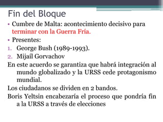 Perestroika y glásnotLíderes del partidos comunistas buscan soluciones ante la crisis interna.1985: MijailGorvachov Secretario del PC enfrenta los siguientes problemas en la URSS.Economía devastadaAltos costos administrativos.Burocracia estatal.Baja producción agrícola- industrial.Desmedido gasto militar.Alta corrupciónFalta de credibilidad.¡ Como solucionar estos graves problemas!