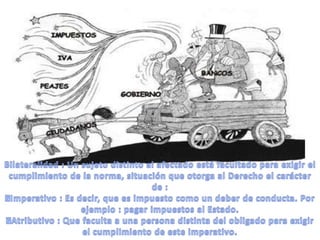 Bilateralidad : Un sujeto distinto al afectado está facultado para exigir el cumplimiento de la norma, situación que otorga al Derecho el carácter de :Imperativo : Es decir, que es impuesto como un deber de conducta. Por ejemplo : pagar impuestos al Estado.Atributivo : Que faculta a una persona distinta del obligado para exigir el cumplimiento de este imperativo.