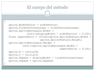 El cuerpo del método
{
sprite.WidthFactor = widthFactor;
sprite.TicksToCrossScreen = ticksToCrossScreen;
sprite.SpriteRectangle.Width =
(int)((displayWidth * widthFactor) + 0.5f);
float aspectRatio = (float)sprite.SpriteTexture.Width /
sprite.SpriteTexture.Height;
sprite.SpriteRectangle.Height =
(int)((sprite.SpriteRectangle.Width /
aspectRatio) + 0.5f);
sprite.X = initialX;
sprite.Y = initialY;
sprite.XSpeed = displayWidth / ticksToCrossScreen;
sprite.YSpeed = sprite.Xspeed;
}
 
