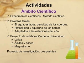 Actividades
           Ámbito Científico
 Experimentos científicos. Método científico.
 Diversos temas
    El agua, estados, densidad de los cuerpos.
    Flotabilidad y equilibrio de los barcos.
    Adaptados a las estaciones del año.
 Proyecto de colaboración de la Universidad
    La luz
    Ácidos y bases
    Magnetismo
Proyecto de investigación: Los puentes
 