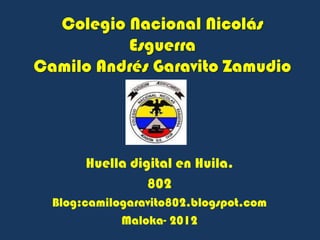 Colegio Nacional Nicolás
          Esguerra
Camilo Andrés Garavito Zamudio




       Huella digital en Huila.
                 802
  Blog:camilogaravito802.blogspot.com
             Maloka- 2012
 