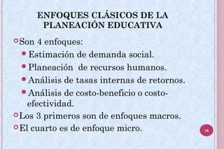 Son 4 enfoques:
Estimación de demanda social.
Planeación de recursos humanos.
Análisis de tasas internas de retornos.
Análisis de costo-beneficio o costo-
efectividad.
Los 3 primeros son de enfoques macros.
El cuarto es de enfoque micro.
ENFOQUES CLÁSICOS DE LA
PLANEACIÓN EDUCATIVA
18
 