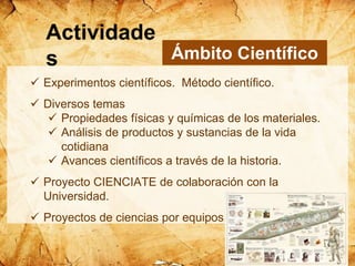  Experimentos científicos. Método científico.
 Diversos temas
 Propiedades físicas y químicas de los materiales.
 Análisis de productos y sustancias de la vida
cotidiana
 Avances científicos a través de la historia.
 Proyecto CIENCIATE de colaboración con la
Universidad.
 Proyectos de ciencias por equipos.
Ámbito Científico
Actividade
s
 