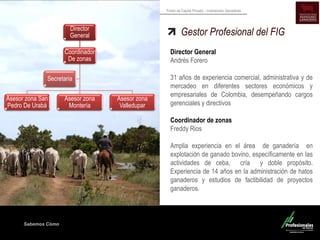 Sabemos Cómo
Fondo de Capital Privado – Inversiones Ganaderas
Director
General
Coordinador
De zonas
Asesor zona San
Pedro De Urabá
Asesor zona
Montería
Asesor zona
Valledupar
Secretaria
Gestor Profesional del FIG
Director General
Andrés Forero
31 años de experiencia comercial, administrativa y de
mercadeo en diferentes sectores económicos y
empresariales de Colombia, desempeñando cargos
gerenciales y directivos
Coordinador de zonas
Freddy Rios
Amplia experiencia en el área de ganadería en
explotación de ganado bovino, específicamente en las
actividades de ceba, cría y doble propósito.
Experiencia de 14 años en la administración de hatos
ganaderos y estudios de factibilidad de proyectos
ganaderos.
 