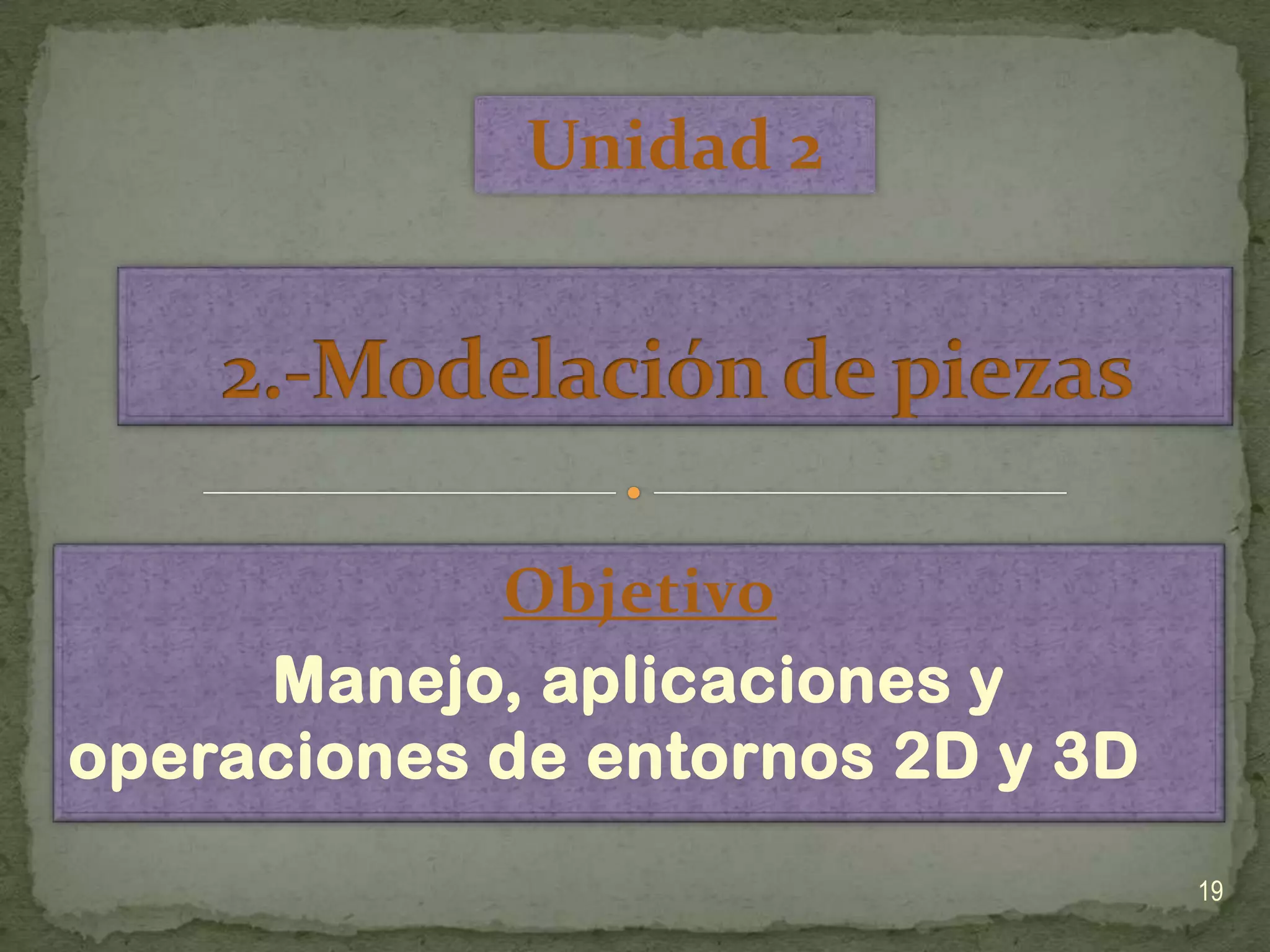 Unidad 22.-Modelación de piezas ObjetivoManejo, aplicaciones y operaciones de entornos 2D y 3D19