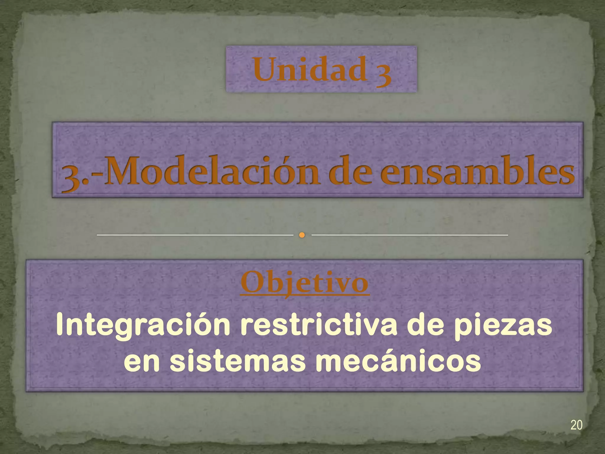 Unidad 33.-Modelación de ensambles ObjetivoIntegración restrictiva de piezas en sistemas mecánicos20