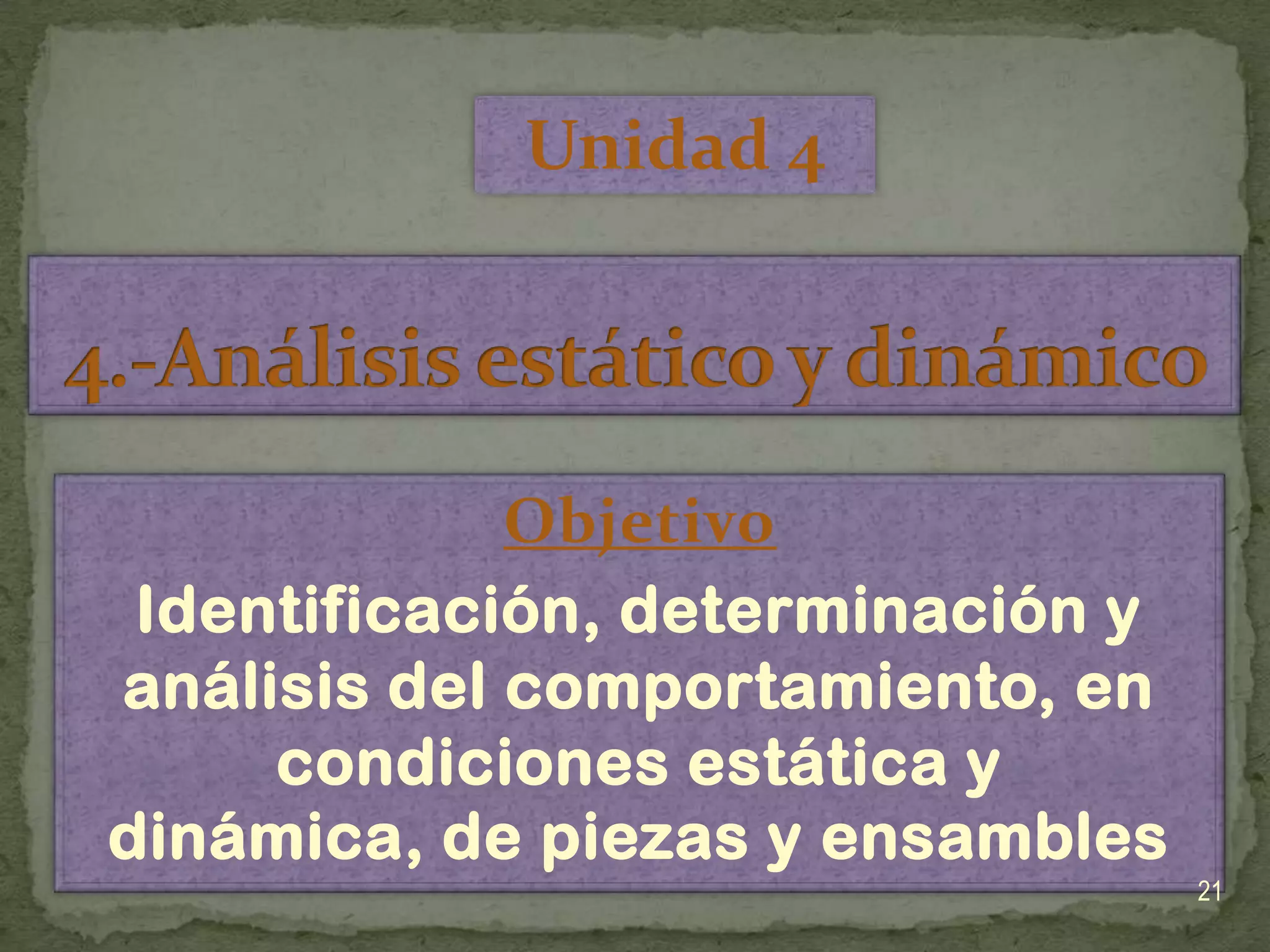 Unidad 44.-Análisis estático y dinámico ObjetivoIdentificación, determinación y análisis del comportamiento, en condiciones estática y dinámica, de piezas y ensambles21