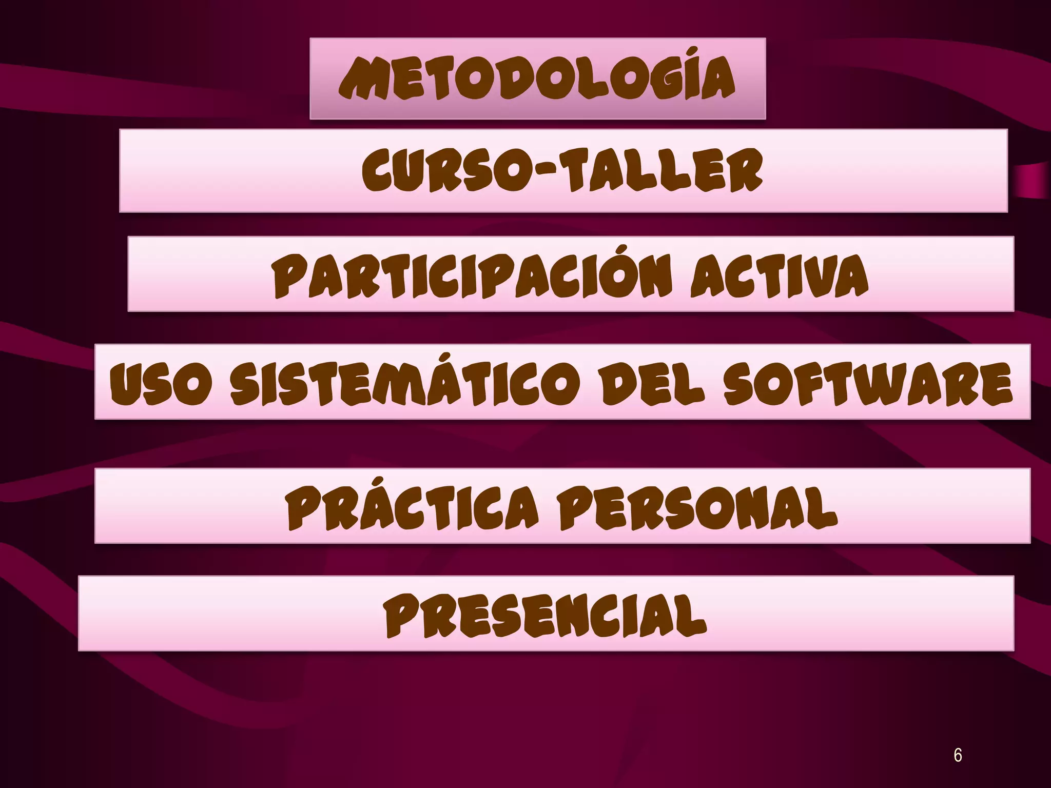 6MetodologíaCurso-tallerParticipación activaUso sistemático del software Práctica personal Presencial