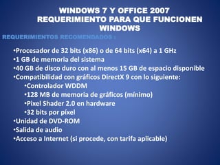 WINDOWS 7 Y OFFICE 2007
REQUERIMIENTO PARA QUE FUNCIONEN
WINDOWS
REQUERIMIENTOS RECOMENDADOS :
•Procesador de 32 bits (x86) o de 64 bits (x64) a 1 GHz
•1 GB de memoria del sistema
•40 GB de disco duro con al menos 15 GB de espacio disponible
•Compatibilidad con gráficos DirectX 9 con lo siguiente:
•Controlador WDDM
•128 MB de memoria de gráficos (mínimo)
•Pixel Shader 2.0 en hardware
•32 bits por píxel
•Unidad de DVD-ROM
•Salida de audio
•Acceso a Internet (si procede, con tarifa aplicable)
 