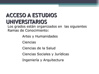 Los grados están organizados en las siguientes
Ramas de Conocimiento:
Artes y Humanidades
Ciencias
Ciencias de la Salud
Ciencias Sociales y Jurídicas
Ingeniería y Arquitectura
ACCESO A ESTUDIOSACCESO A ESTUDIOS
UNIVERSITARIOSUNIVERSITARIOS
 