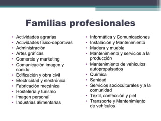 Familias profesionales
• Actividades agrarias
• Actividades físico-deportivas
• Administración
• Artes gráficas
• Comercio y marketing
• Comunicación imagen y
sonido
• Edificación y obra civil
• Electricidad y electrónica
• Fabricación mecánica
• Hostelería y turismo
• Imagen personal
• Industrias alimentarias
• Informática y Comunicaciones
• Instalación y Mantenimiento
• Madera y mueble
• Mantenimiento y servicios a la
producción
• Mantenimiento de vehículos
autopropulsados
• Química
• Sanidad
• Servicios socioculturales y a la
comunidad
• Textil, confección y piel
• Transporte y Mantenimiento
de vehículos
 