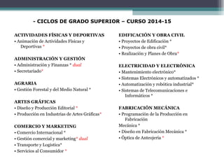 ACTIVIDADES FÍSICAS Y DEPORTIVAS
• Animación de Actividades Físicas y
Deportivas *
ADMINISTRACIÓN Y GESTIÓN
• Administración y Finanzas * dual
• Secretariado*
AGRARIA
• Gestión Forestal y del Medio Natural *
ARTES GRÁFICAS
• Diseño y Producción Editorial *
• Producción en Industrias de Artes Gráficas*
COMERCIO Y MARKETING
• Comercio Internacional *
• Gestión comercial y marketing* dual
• Transporte y Logística*
• Servicios al Consumidor *
EDIFICACIÓN Y OBRA CIVIL
• Proyectos de Edificación *
• Proyectos de obra civil*
• Realización y Planes de Obra*
ELECTRICIDAD Y ELECTRÓNICA
• Mantenimiento electrónico*
• Sistemas Electrónicos y automatizados *
• Automatización y robótica industrial*
• Sistemas de Telecomunicaciones e
Informáticos *
FABRICACIÓN MECÁNICA
• Programación de la Producción en
Fabricación
Mecánica *
• Diseño en Fabricación Mecánica *
• Óptica de Anteojería *
- CICLOS DE GRADO SUPERIOR – CURSO 2014-15
 