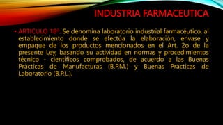 INDUSTRIA FARMACEUTICA
• ARTICULO 18º. Se denomina laboratorio industrial farmacéutico, al
establecimiento donde se efectúa la elaboración, envase y
empaque de los productos mencionados en el Art. 2o de la
presente Ley, basando su actividad en normas y procedimientos
técnico ‐ científicos comprobados, de acuerdo a las Buenas
Prácticas de Manufacturas (B.P.M.) y Buenas Prácticas de
Laboratorio (B.P.L.).
 