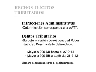 HECHOS ILICITOS
TRIBUTARIOS
Infracciones Administrativas
•Determinación corresponde a la AATT.
Delitos Tributarios
•Su determinación corresponde al Poder
Judicial. Cuantía de lo defraudado:
- Mayor a 200 SB hasta el 27-9-12
- Mayor a 500 SB a partir del 28-9-12
Siempre deberá respetarse el debido proceso
 