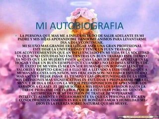 MI AUTOBIOGRAFIA
 LA PERSONA QUE MAS ME A INFLUENCIA DO DE SALIR ADELANTE ES MI
PADRE Y MIS HIJAS APOYANDOME DANDOME ANIMOS PARA LEVANTARME
DIA A DIA Y CONTINUAR.
MI SUEÑO MAS GRANDE ERA LLEGAR ASER UNA GRAN PROFESIONAL
ESTUDIAR LA UNIVERSIDAD Y TENER UN FUEN TRABAJO.
LOS ACONTESIMIENTOS QUE AN INFLUENCIADO EN MI VIDA ES LA SOCIEDAD
YA QUE SI NO ESTUDIAS NO ENCUENTRAS UN BUEN TRABAJO ESTE TIEMPO
YA NO ES QUE LAS MUJERES PASEN EN CASA LA MUJER DEBE APORTAR EN EL
HOGAR Y DAR UN BUEN EJEMPLO QUE CUANDO UNO LO DESEA SI SE PUEDE.
EL ÉXITO DE MI VIDA ES SER UN SER HUMANO CON BONDAD LLENA DE
VALORES Y RESPETO GRACIAS A ELLO ME A LLEVADO A ESTUDIAR LO QUE A
MI MAS ME GUSTA LOS NIÑOS, MIS FRACASOS SON: NO HABER ESTUDIADO
MAS ANTES Y DEJAR PASAR EL TIEMPO Y LAS OPORTUNIDADES DE LA VIDA.
MIS DECISIONES MAS SIGNIFICATIVAS ES ESTUDIAR Y PREPARARME PARA EL
SNNA, E IR DIA A DIA CON LA MEJOR PREDISPOSICION DE APRENDER, LOS
SABADOS A CLASES ,EL DEJAR SOLAS A MIS HIJAS LOS SABADOS HASTA LA
TARDE PRIBARME DEL FUTBOL POR IR A ESTUDIAR PERO ME SIENTO
SATISFECHA POR MI DECISIÓN DE TRATAR DE SUPERARME
INTELECTUALMENTE Y INTERIORMENTE YA QUE LA PERSONA ES RICA EN
CONOCIMIENTOS TAMBIEN ES RICA DE BONDAD AMOR Y HUMILDAD MI
DIOS ES LA FUERZA SOBRE NATURAL QUE ME MUEVE.

 