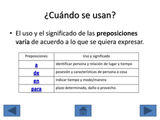 ¿Cuándo se usan?
• El uso y el significado de las preposiciones
  varía de acuerdo a lo que se quiera expresar.
     Preposiciones                    Uso y significado

          a          identificar persona y relación de lugar y tiempo

         de          posesión y características de persona o cosa

         en          indicar tiempo y modo/manera

        para         plazo determinado, daño o provecho.
 