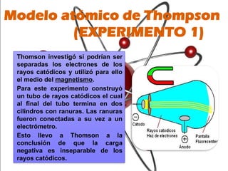 Thomson investigó si podrían ser
separadas los electrones de los
rayos catódicos y utilizó para ello
el medio del magnetismo.
Para este experimento construyó
un tubo de rayos catódicos el cual
al final del tubo termina en dos
cilindros con ranuras. Las ranuras
fueron conectadas a su vez a un
electrómetro.
Esto llevo a Thomson a la
conclusión de que la carga
negativa es inseparable de los
rayos catódicos.
Modelo atómico de Thompson
(EXPERIMENTO 1)
 