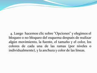 4. Luego hacemos clic sobre "Opciones" y elegimos el
bloqueo o no bloqueo del esquema después de realizar
algún movimiento, la fuente, el tamaño y el color, los
colores de cada una de las ramas (por niveles o
individualmente), y la anchura y color de las líneas.
 