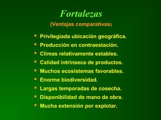Fortalezas
(Ventajas comparativas)
 Privilegiada ubicación geográfica.
 Producción en contraestación.
 Climas relativamente estables.
 Calidad intrínseca de productos.
 Muchos ecosistemas favorables.
 Enorme biodiversidad.
 Largas temporadas de cosecha.
 Disponibilidad de mano de obra.
 Mucha extensión por explotar.
 