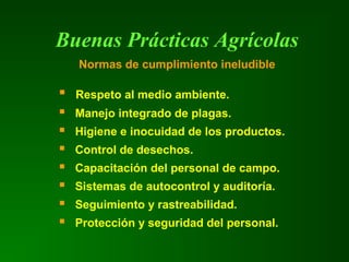 Buenas Prácticas Agrícolas
Normas de cumplimiento ineludible
 Respeto al medio ambiente.
 Manejo integrado de plagas.
 Higiene e inocuidad de los productos.
 Control de desechos.
 Capacitación del personal de campo.
 Sistemas de autocontrol y auditoría.
 Seguimiento y rastreabilidad.
 Protección y seguridad del personal.
 